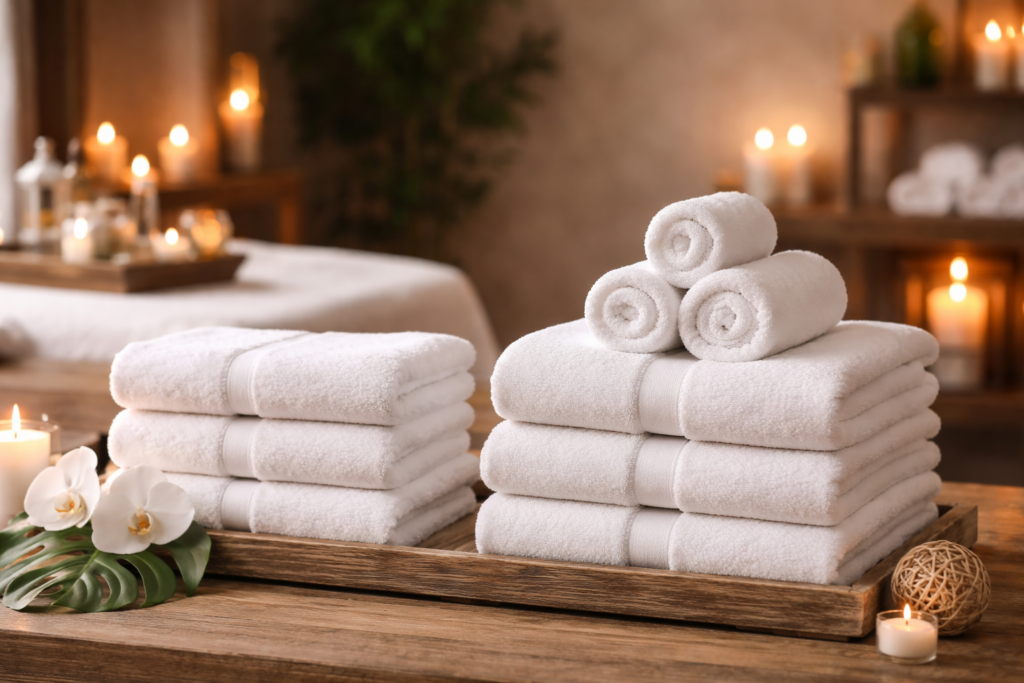 Stacks of clean white towels ready for delivery
