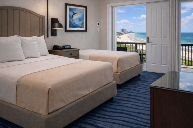 Orange Beach hotel room with clean linens and Gulf view