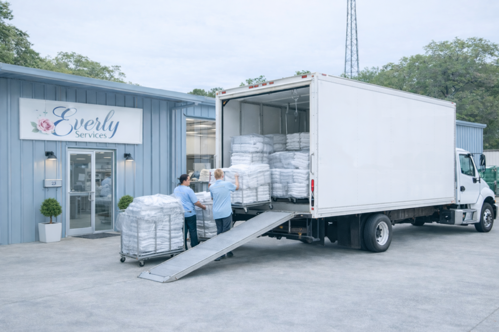 Everly delivery van with bags of clean laundry