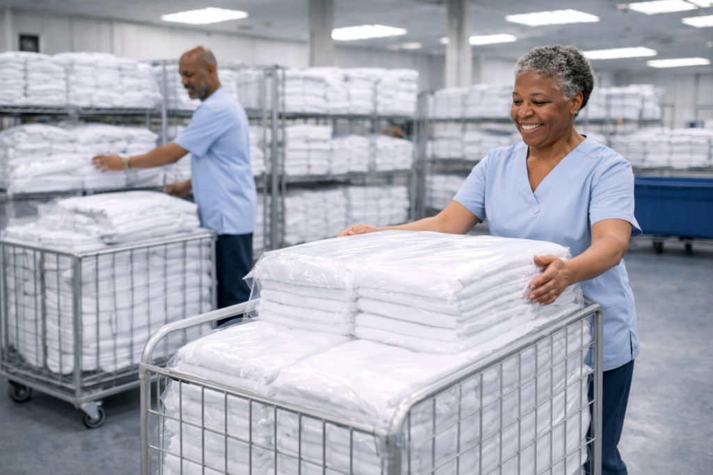 Everly team preparing carts of clean folded linen