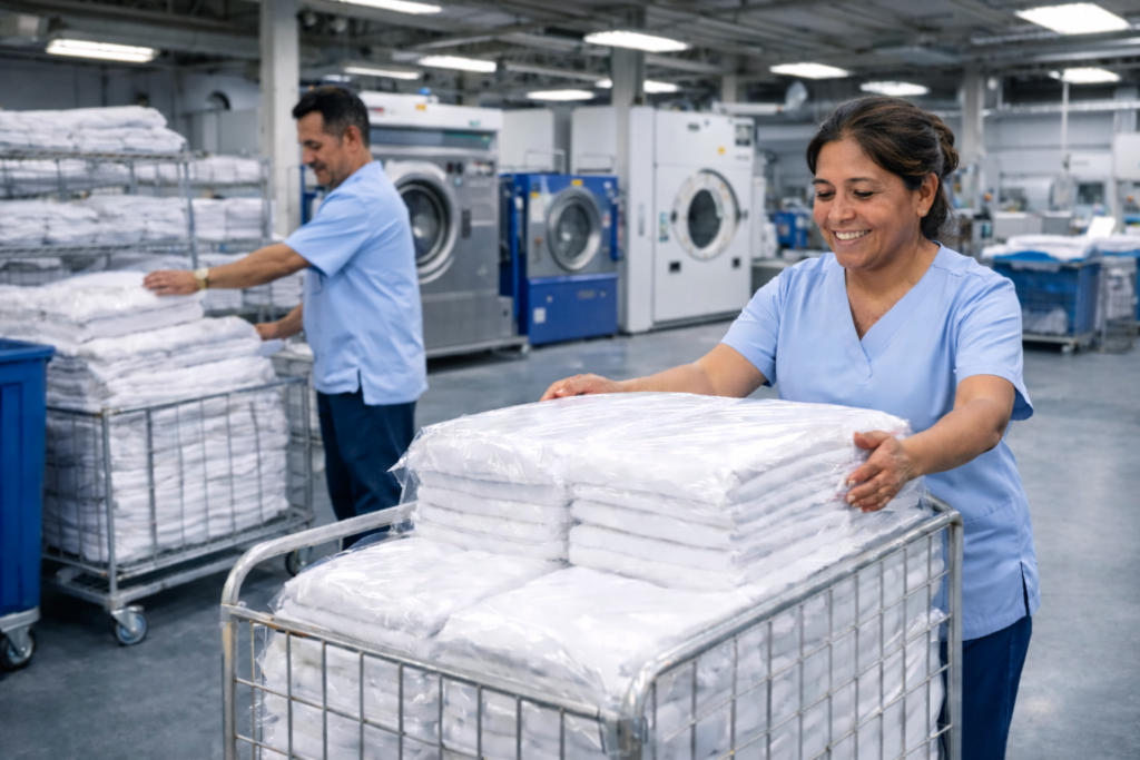 Everly team folding laundry at the Everly facility