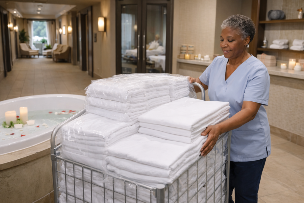 Everly team member delivering a cart of clean spa linens